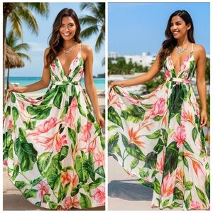 Meghan LA Tropical Floral Deep V Open Back Maxi Dress White Small
